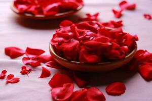 Rose petals in a bowl on a table with a pink tablecloth. photo