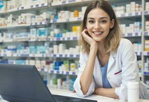 ai generado mujer farmacéuticos trabajo en farmacias foto