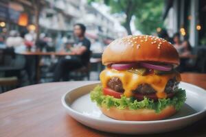 AI Generated Big cheeseburger on white plate blur city background for copy space photo