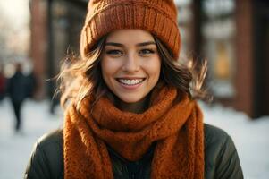 foto contento sonriente alegre americano niña en invierno. ai generado