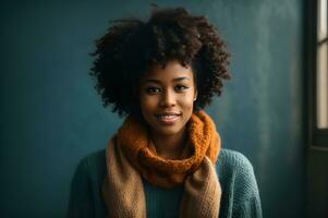 foto africano sonriente joven mujer en un invierno. ai generado