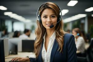 foto hermosa sonriente llamada centrar trabajador en auriculares es trabajando a moderno oficina. ai generado