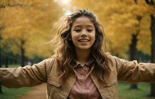 joven niña con brazos extendido disfrutando naturaleza. ai generado foto