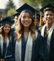 Portrait of group of students celebrating their graduation. AI Generated photo