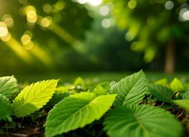 cerca arriba de naturaleza ver verde hoja en borroso verdor antecedentes debajo luz de sol con Bokeh. ai generado foto