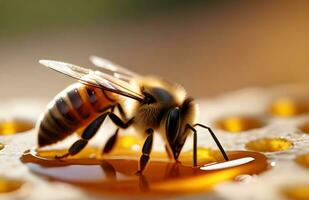 foto cerca arriba de un abeja picadura en Miel. ai generado