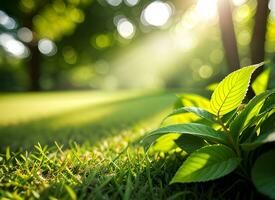 cerca arriba de naturaleza ver verde hoja en borroso verdor antecedentes debajo luz de sol con Bokeh. ai generado foto