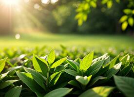 cerca arriba de naturaleza ver verde hoja en borroso verdor antecedentes debajo luz de sol con Bokeh. ai generado foto