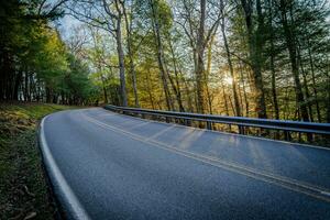 Winding uphill road in the woods with sunset peeking through the trees in early spring time photo