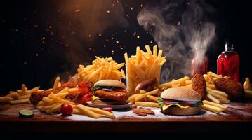 hecho en casa hamburguesa con Fresco vegetales y francés papas fritas en oscuro antecedentes generado con ai foto