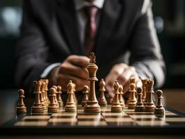 Businessman control chess game concept for ideas business strategy management, development new strategy plan, leader and teamwork, planning for competition, AI Generative photo