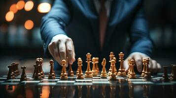 Businessman control chess game concept for ideas business strategy management, development new strategy plan, leader and teamwork, planning for competition, AI Generative photo