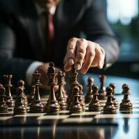 Businessman control chess game concept for ideas business strategy management, development new strategy plan, leader and teamwork, planning for competition, AI Generative photo