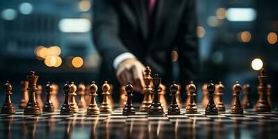 Businessman control chess game concept for ideas business strategy management, development new strategy plan, leader and teamwork, planning for competition, AI Generative photo