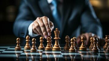 Businessman control chess game concept for ideas business strategy management, development new strategy plan, leader and teamwork, planning for competition, AI Generative photo