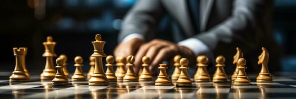 Businessman control chess game concept for ideas business strategy management, development new strategy plan, leader and teamwork, planning for competition, AI Generative photo