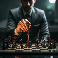 Businessman control chess game concept for ideas business strategy management, development new strategy plan, leader and teamwork, planning for competition, AI Generative photo