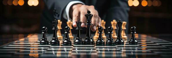 Businessman control chess game concept for ideas business strategy management, development new strategy plan, leader and teamwork, planning for competition, AI Generative photo