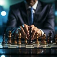 Businessman control chess game concept for ideas business strategy management, development new strategy plan, leader and teamwork, planning for competition, AI Generative photo