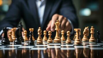 Businessman control chess game concept for ideas business strategy management, development new strategy plan, leader and teamwork, planning for competition, AI Generative photo