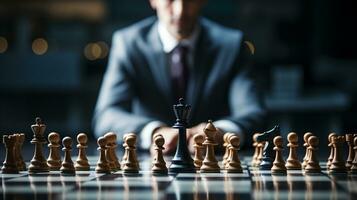 Businessman control chess game concept for ideas business strategy management, development new strategy plan, leader and teamwork, planning for competition, AI Generative photo