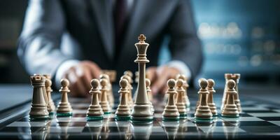 Businessman control chess game concept for ideas business strategy management, development new strategy plan, leader and teamwork, planning for competition, AI Generative photo