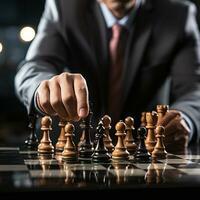 Businessman control chess game concept for ideas business strategy management, development new strategy plan, leader and teamwork, planning for competition, AI Generative photo