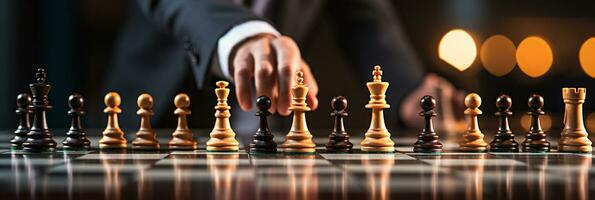Businessman control chess game concept for ideas business strategy management, development new strategy plan, leader and teamwork, planning for competition, AI Generative photo