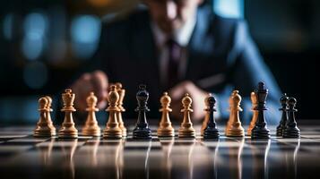 Businessman control chess game concept for ideas business strategy management, development new strategy plan, leader and teamwork, planning for competition, AI Generative photo