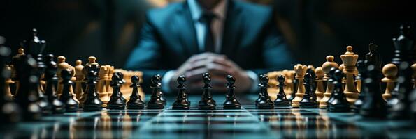 Businessman control chess game concept for ideas business strategy management, development new strategy plan, leader and teamwork, planning for competition, AI Generative photo