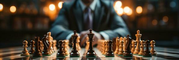 Businessman control chess game concept for ideas business strategy management, development new strategy plan, leader and teamwork, planning for competition, AI Generative photo