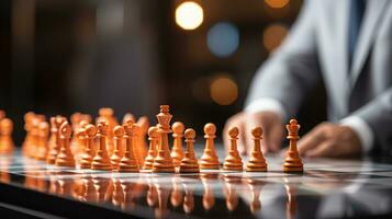 Businessman control chess game concept for ideas business strategy management, development new strategy plan, leader and teamwork, planning for competition, AI Generative photo