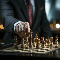 Businessman control chess game concept for ideas business strategy management, development new strategy plan, leader and teamwork, planning for competition, AI Generative photo