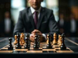 Businessman control chess game concept for ideas business strategy management, development new strategy plan, leader and teamwork, planning for competition, AI Generative photo