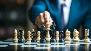 Businessman control chess game concept for ideas business strategy management, development new strategy plan, leader and teamwork, planning for competition, AI Generative photo