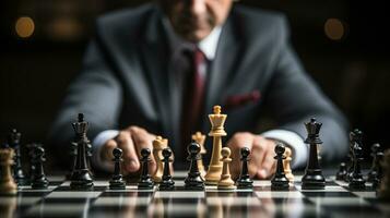 Businessman control chess game concept for ideas business strategy management, development new strategy plan, leader and teamwork, planning for competition, AI Generative photo