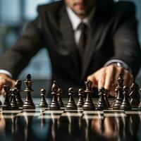 Businessman control chess game concept for ideas business strategy management, development new strategy plan, leader and teamwork, planning for competition, AI Generative photo