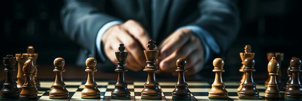 Businessman control chess game concept for ideas business strategy management, development new strategy plan, leader and teamwork, planning for competition, AI Generative photo