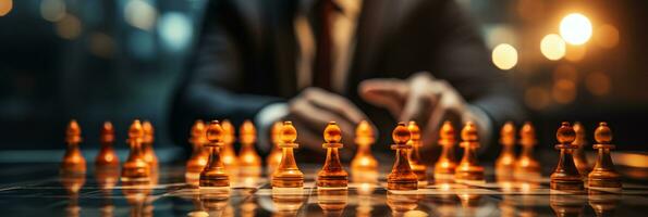 Businessman control chess game concept for ideas business strategy management, development new strategy plan, leader and teamwork, planning for competition, AI Generative photo