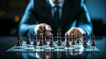 Businessman control chess game concept for ideas business strategy management, development new strategy plan, leader and teamwork, planning for competition, AI Generative photo