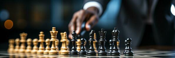 Businessman control chess game concept for ideas business strategy management, development new strategy plan, leader and teamwork, planning for competition, AI Generative photo