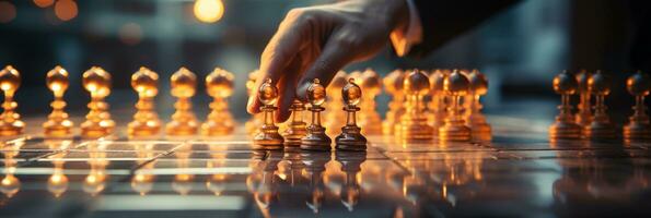 Businessman control chess game concept for ideas business strategy management, development new strategy plan, leader and teamwork, planning for competition, AI Generative photo