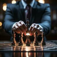 empresario controlar ajedrez juego concepto para ideas negocio estrategia gestión, desarrollo nuevo estrategia plan, líder y trabajo en equipo, planificación para competencia, ai generativo foto