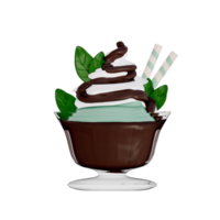 Chocolate Dessert 3D Clipart , set of Chocolate Mint Ice Cream Sundae topped with a whipped cream png
