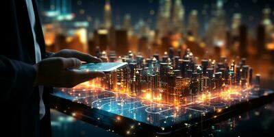 Businessman hands touch on virtual futuristic cyber city, network system, digital future and innovation in city, technology information, AI Generative photo
