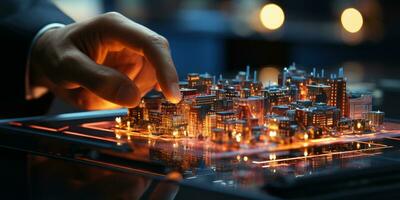 Businessman hands touch on virtual futuristic cyber city, network system, digital future and innovation in city, technology information, AI Generative photo