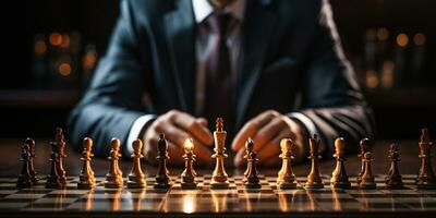 Businessman control chess game concept for ideas business strategy management, development new strategy plan, leader and teamwork, planning for competition, AI Generative photo