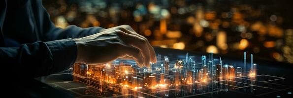 Businessman hands touch on virtual futuristic cyber city, network system, digital future and innovation in city, technology information, AI Generative photo