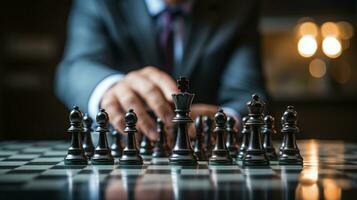 Businessman control chess game concept for ideas business strategy management, development new strategy plan, leader and teamwork, planning for competition, AI Generative photo