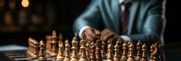 Businessman control chess game concept for ideas business strategy management, development new strategy plan, leader and teamwork, planning for competition, AI Generative photo